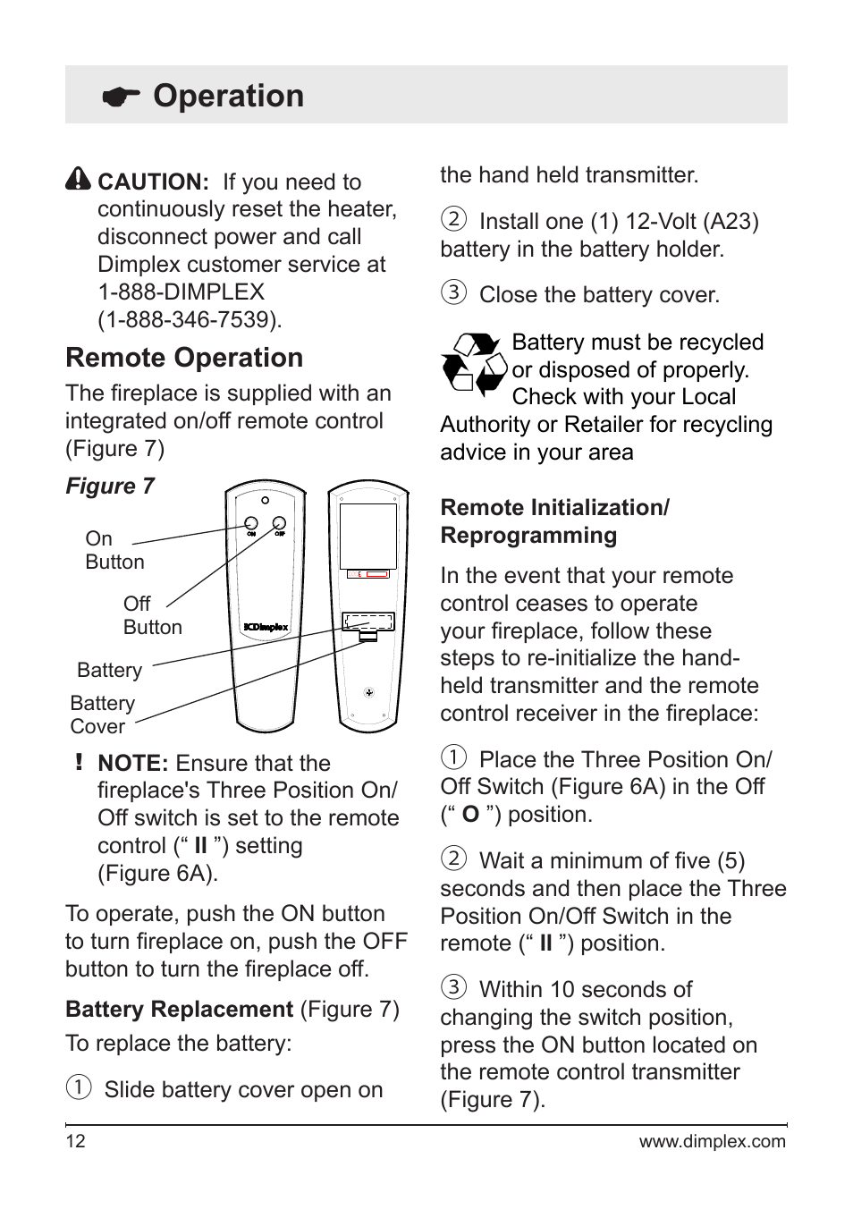 Operation, Remote operation | Dimplex DFG2562SS User Manual | Page 12 / 19