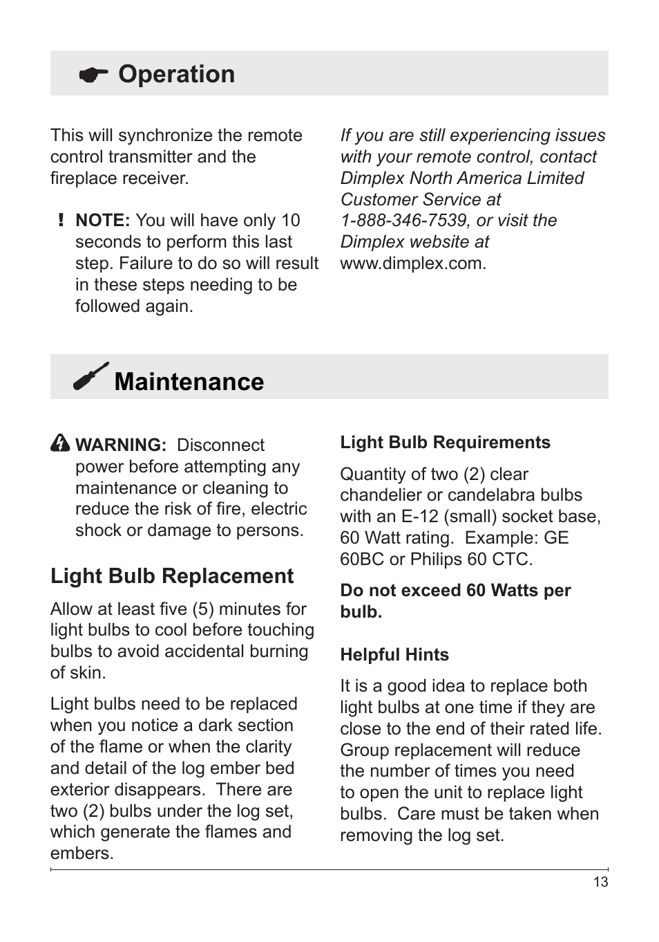 Maintenance, Operation, Light bulb replacement | Dimplex DFG2562SS User Manual | Page 13 / 19