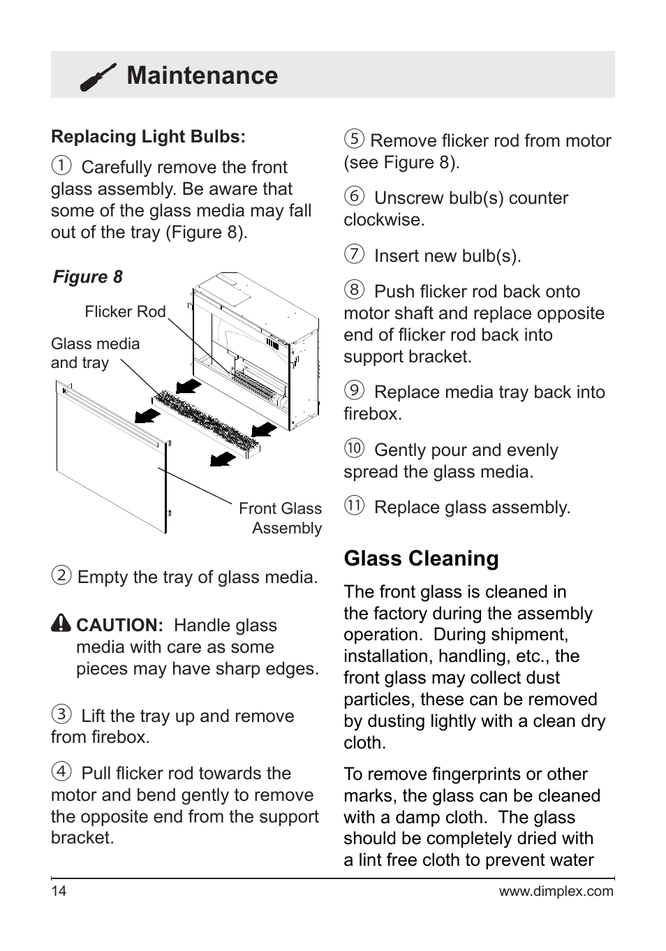Maintenance, Glass cleaning | Dimplex DFG2562SS User Manual | Page 14 / 19