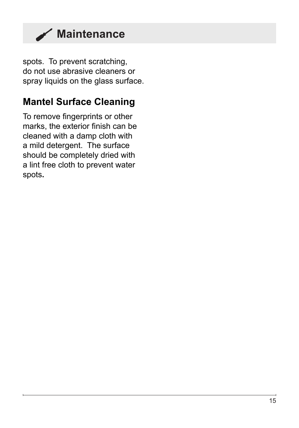 Maintenance, Mantel surface cleaning | Dimplex DFG2562SS User Manual | Page 15 / 19