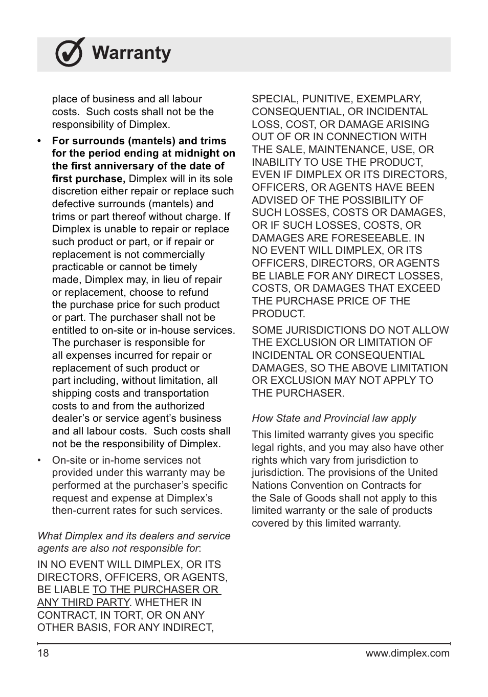 Warranty | Dimplex DFG2562SS User Manual | Page 18 / 19