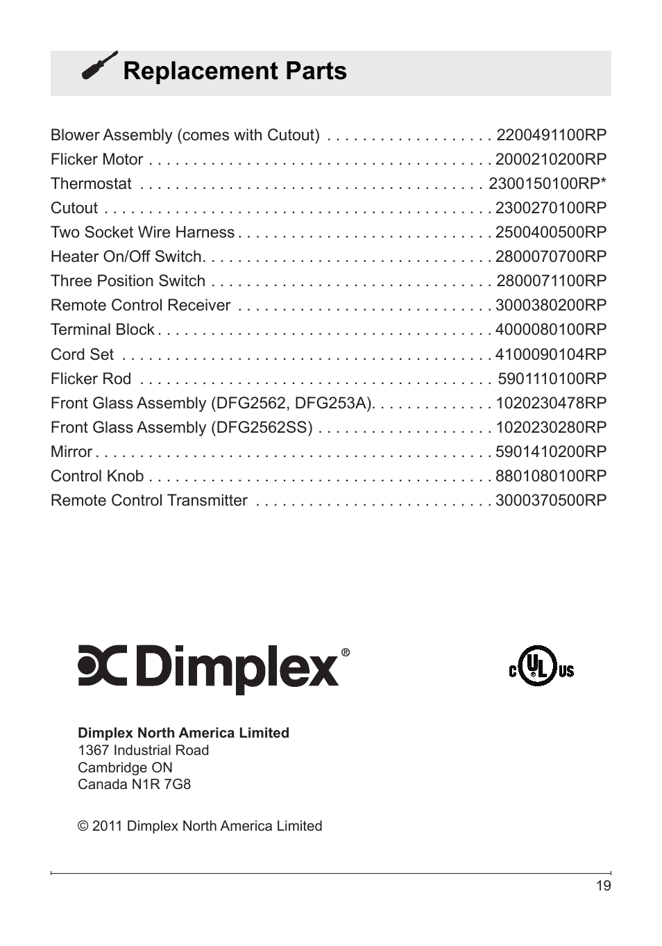 Replacement parts | Dimplex DFG2562SS User Manual | Page 19 / 19