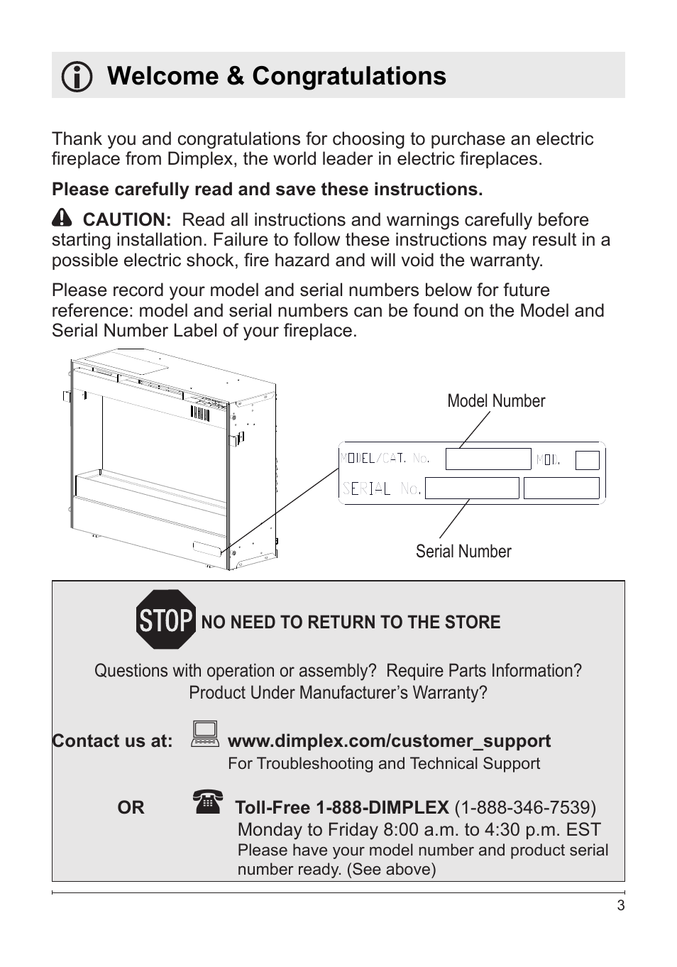 Welcome & congratulations | Dimplex DFG2562SS User Manual | Page 3 / 19