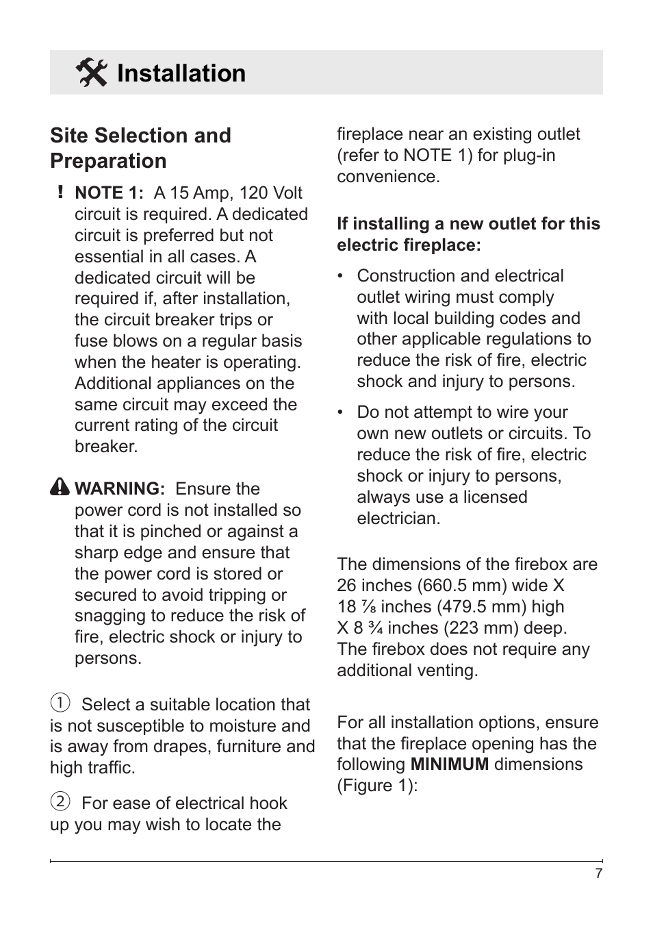 Installation, Site selection and preparation | Dimplex DFG2562SS User Manual | Page 7 / 19