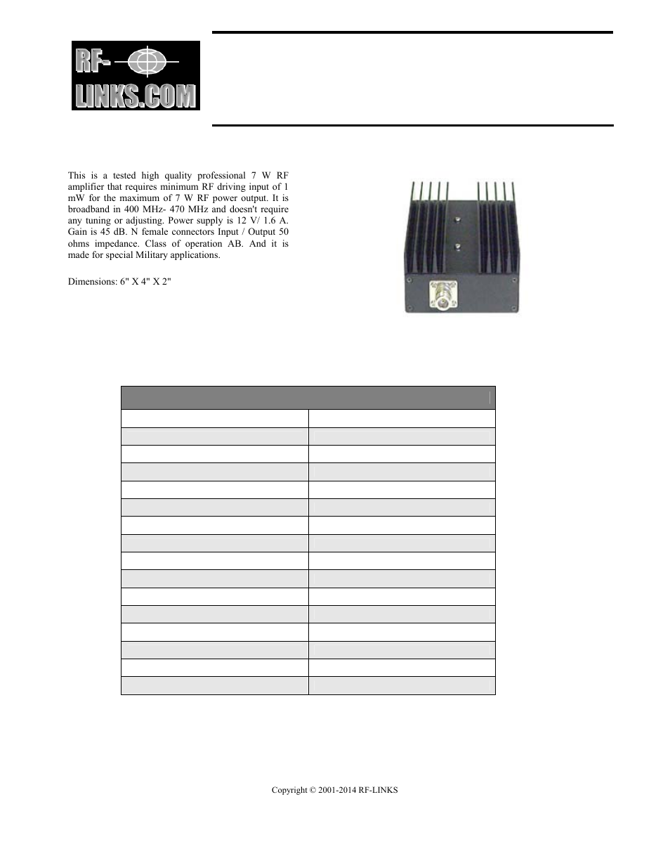 RF-Links High-Power/High-Gain 7W Wideband Amplifier (400-470 MHz) User Manual | 2 pages