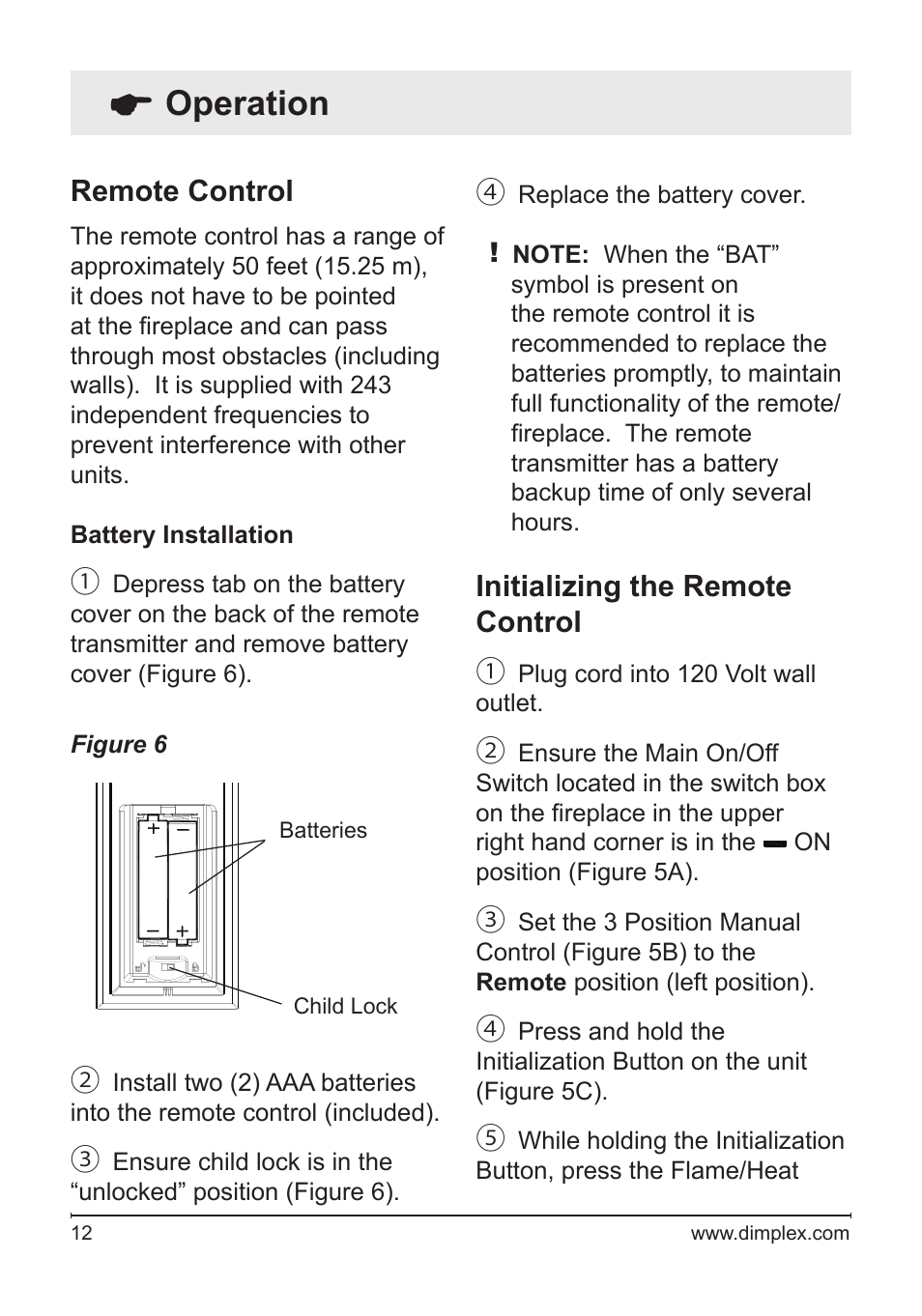 Operation, Remote control, Initializing the remote control | Dimplex Electric Fireplace DFG3033 User Manual | Page 12 / 24