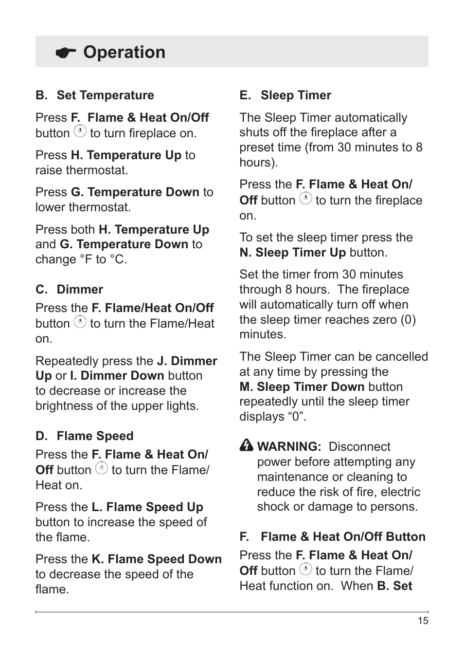 Operation | Dimplex Electric Fireplace DFG3033 User Manual | Page 15 / 24