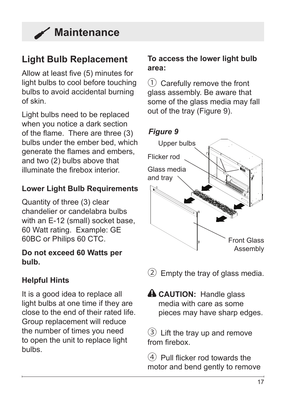 Maintenance, Light bulb replacement | Dimplex Electric Fireplace DFG3033 User Manual | Page 17 / 24