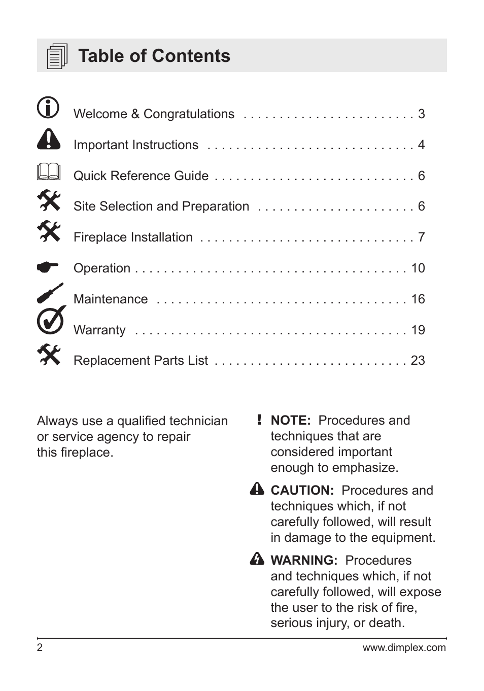 Dimplex Electric Fireplace DFG3033 User Manual | Page 2 / 24