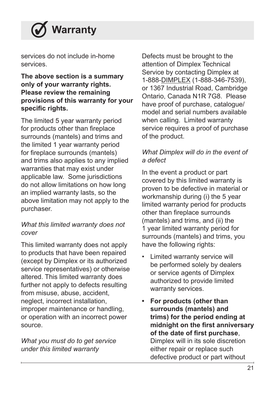 Warranty | Dimplex Electric Fireplace DFG3033 User Manual | Page 21 / 24