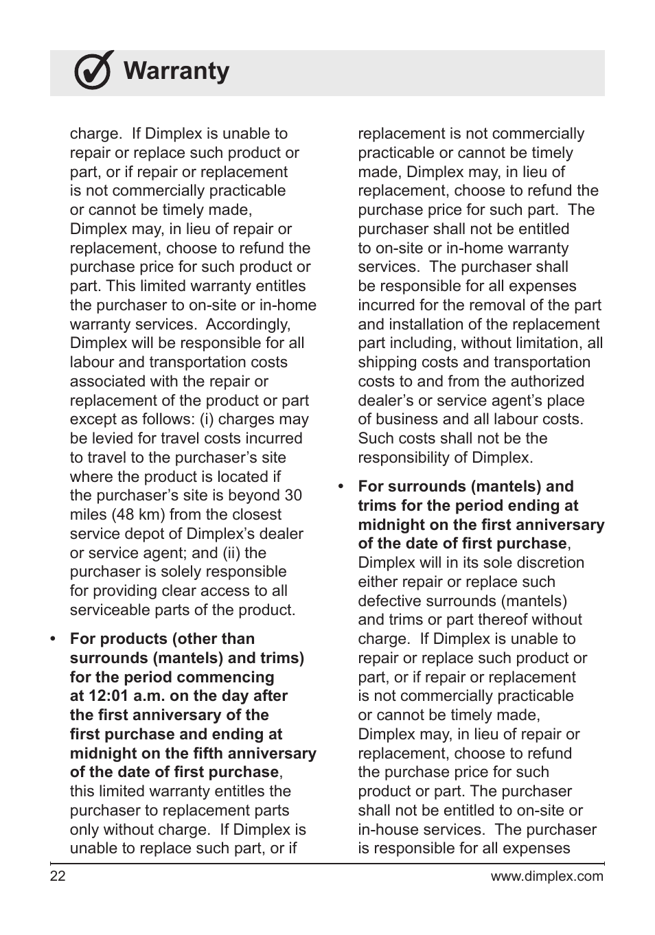 Warranty | Dimplex Electric Fireplace DFG3033 User Manual | Page 22 / 24