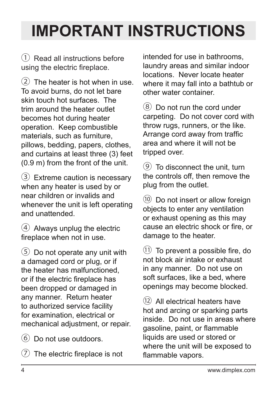 Important instructions | Dimplex Electric Fireplace DFG3033 User Manual | Page 4 / 24