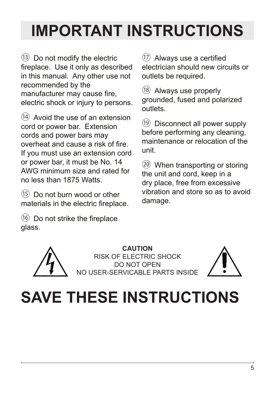 Save these instructions, Important instructions | Dimplex Electric Fireplace DFG3033 User Manual | Page 5 / 24