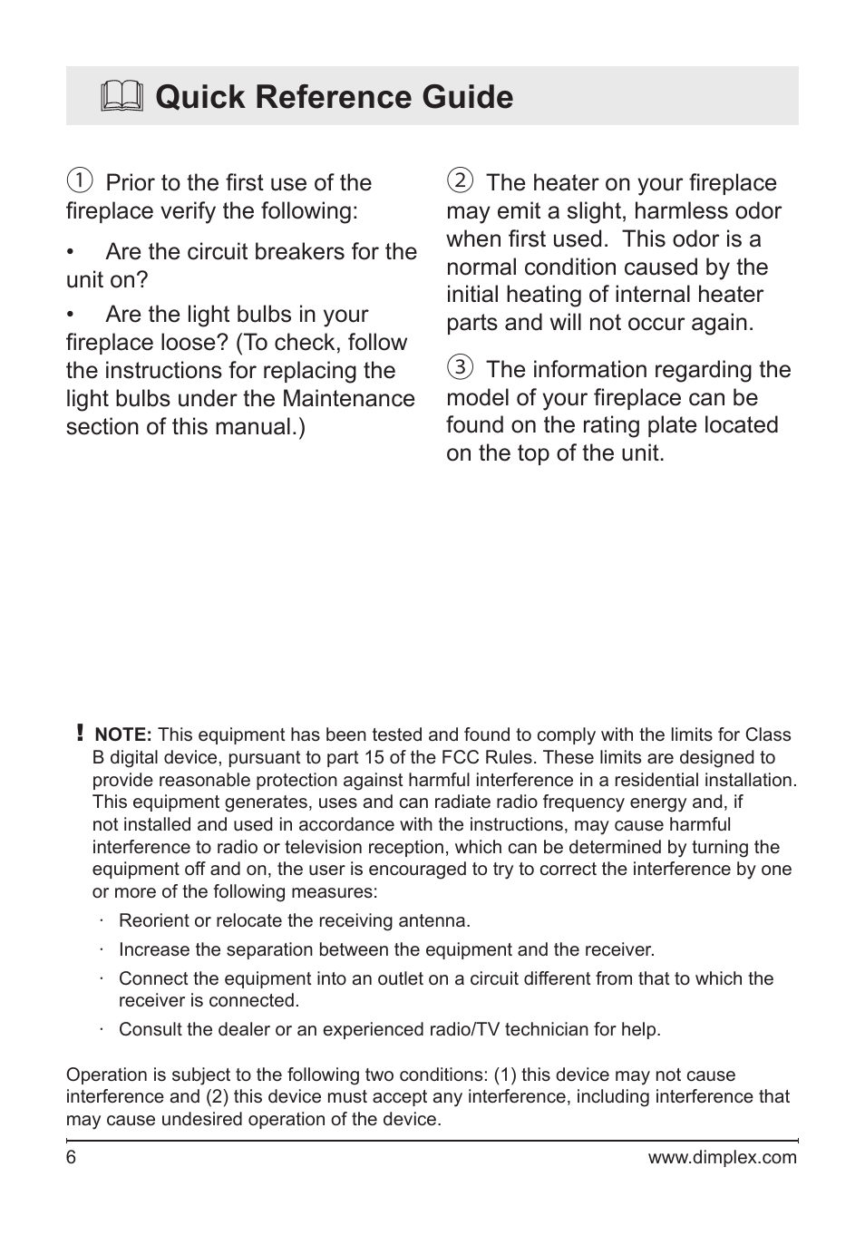Quick reference guide | Dimplex Electric Fireplace DFG3033 User Manual | Page 6 / 24
