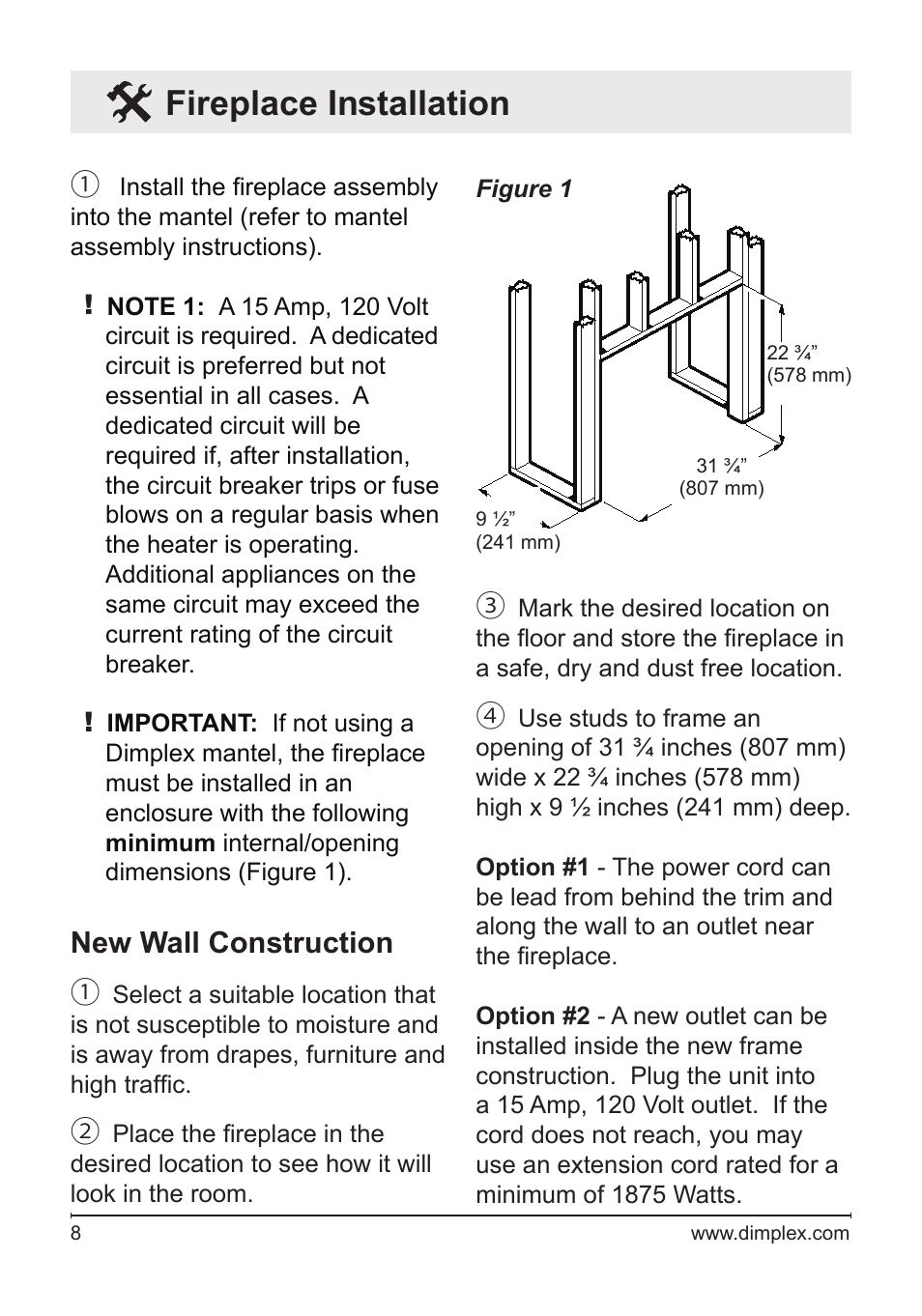 Fireplace installation, New wall construction | Dimplex Electric Fireplace DFG3033 User Manual | Page 8 / 24