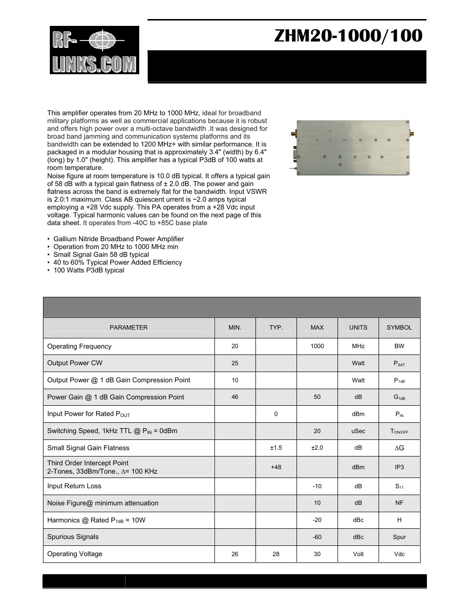 RF-Links Military-Grade 100W High-Power Amplifier (20-1000 MHz) User Manual | 3 pages