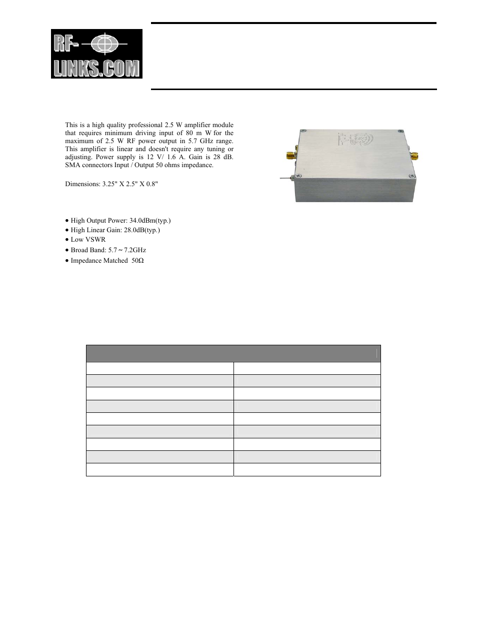 RF-Links Wideband 3W Microwave Amplifier (5.6-7.2 GHz) User Manual | 2 pages