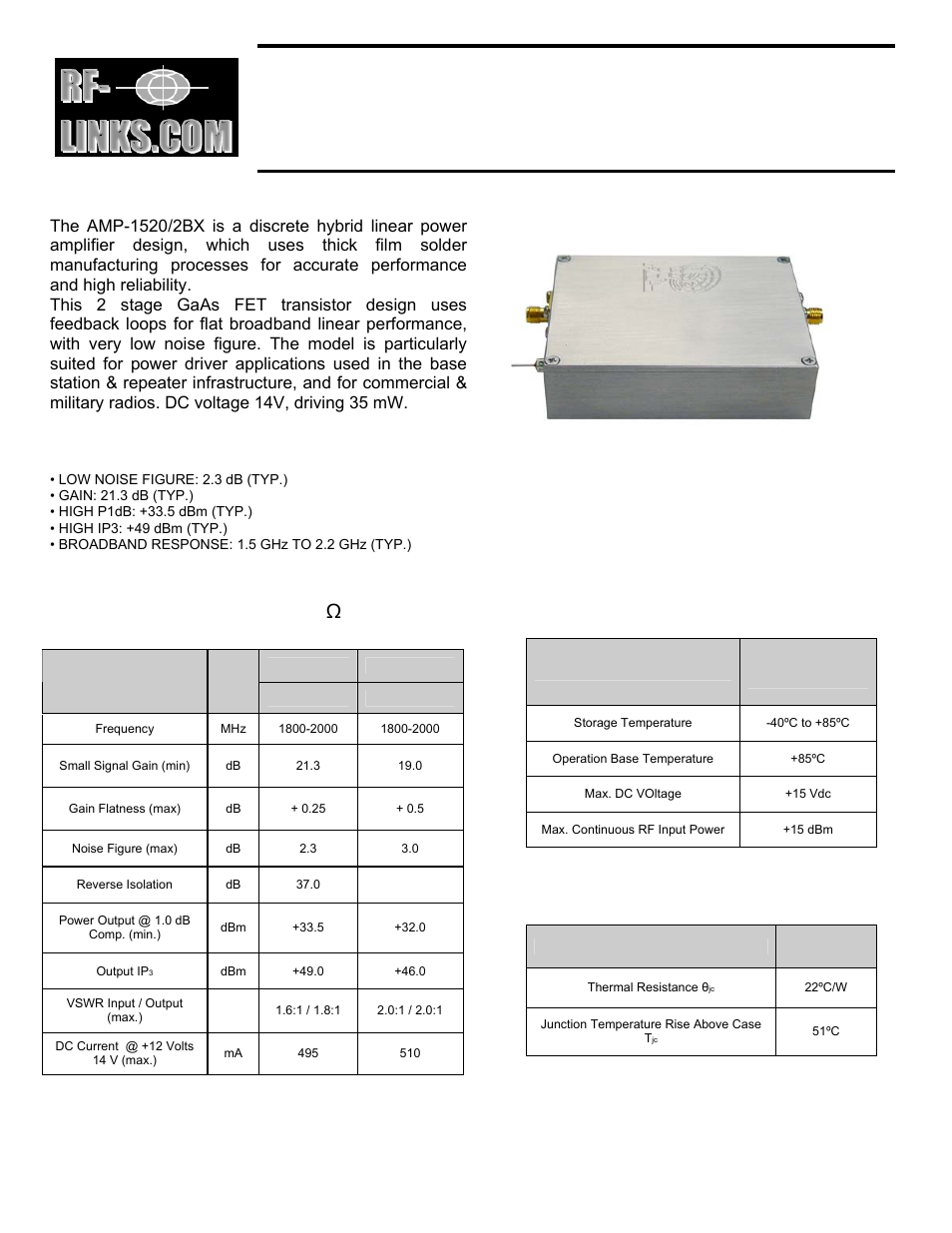 RF-Links Ultra Linear Driver UHF 2.5 W Amplifier Module (1.5–2.2 GHz) User Manual | 2 pages