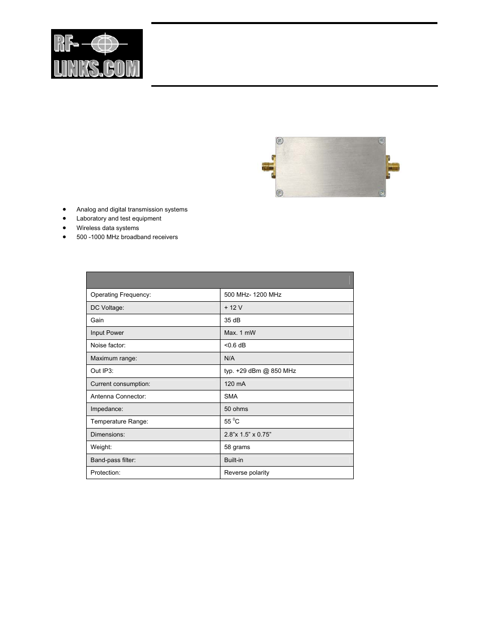 RF-Links Special Low-Noise Amplifier for Receivers (500-1200 MHz) User Manual | 1 page