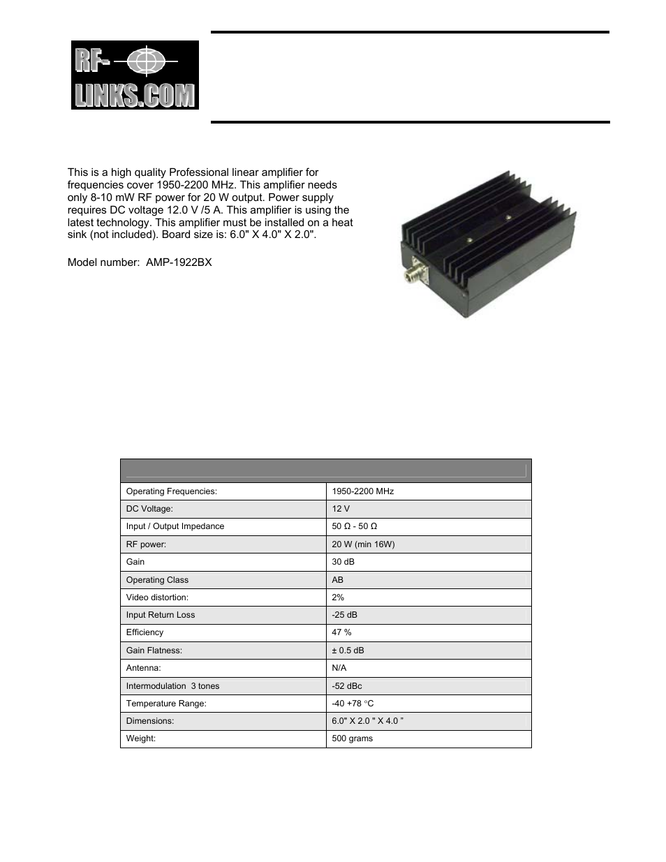 RF-Links Laboratory UHF Amplifier (1950-2200 MHz) User Manual | 1 page