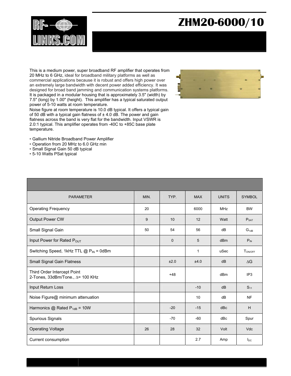 RF-Links Military-Grade 10W High-Power Amplifier (20 MHz-6 GHz) User Manual | 3 pages