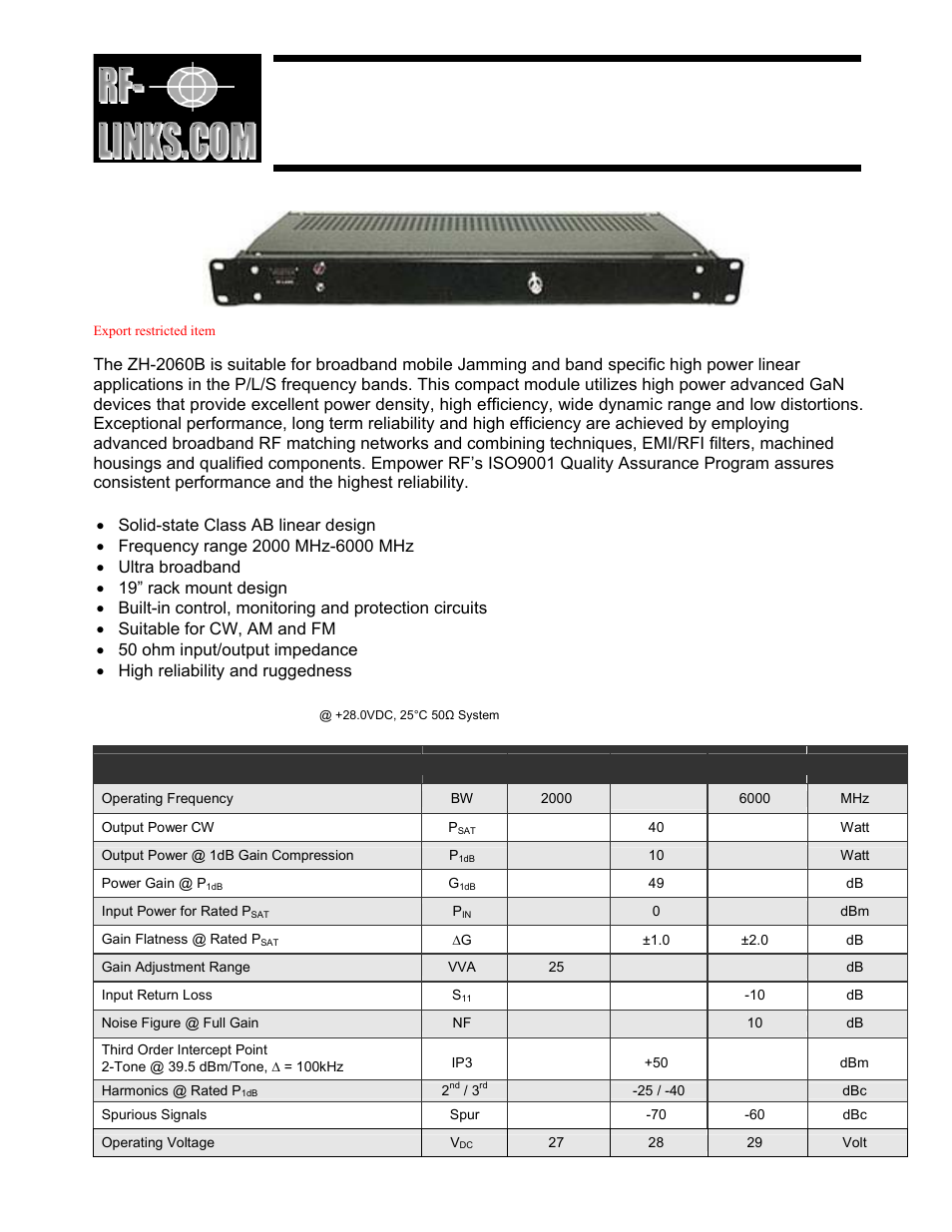 RF-Links Wideband Microwave Amplifier 40W (2000-4000 MHz) User Manual | 2 pages