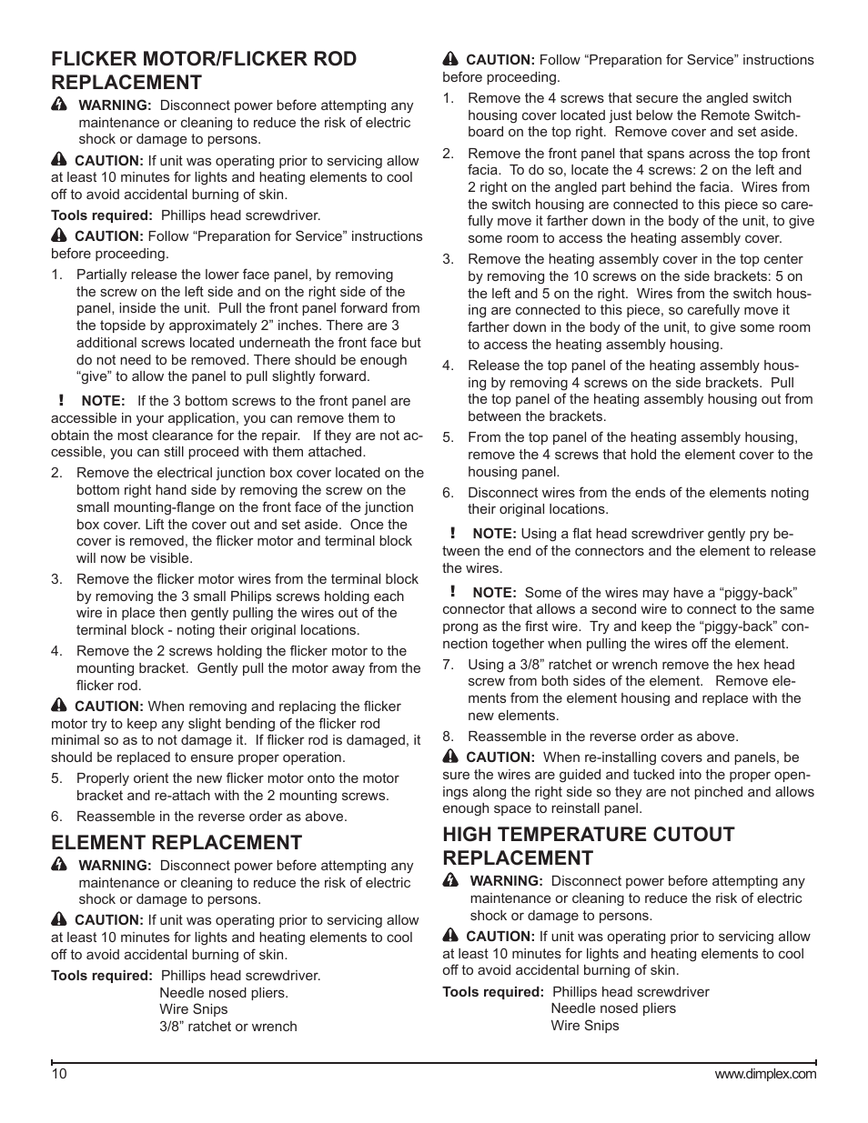 Flicker motor/flicker rod replacement, Element replacement, High temperature cutout replacement | Dimplex BLF50 User Manual | Page 10 / 19