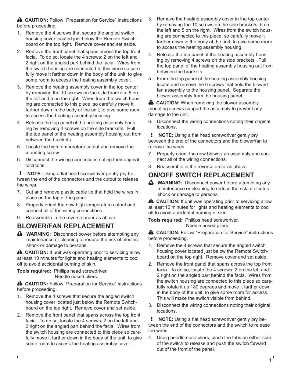 Blower/fan replacement, On/off switch replacement | Dimplex BLF50 User Manual | Page 11 / 19