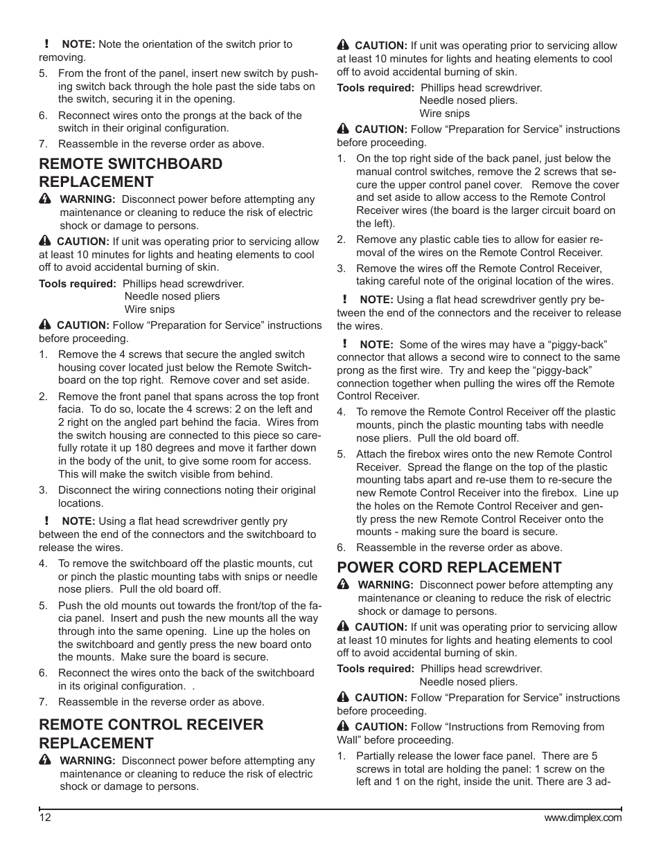 Remote switchboard replacement, Remote control receiver replacement, Power cord replacement | Dimplex BLF50 User Manual | Page 12 / 19