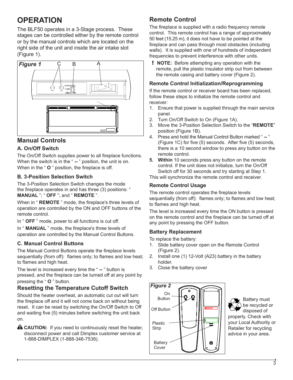 Operation, Remote control, Manual controls | Dimplex BLF50 User Manual | Page 3 / 19