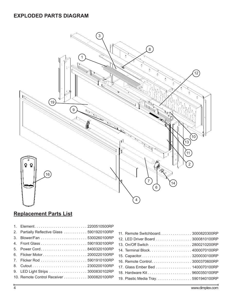 Exploded parts diagram, Exploded parts diagram replacement parts list | Dimplex BLF50 User Manual | Page 4 / 19