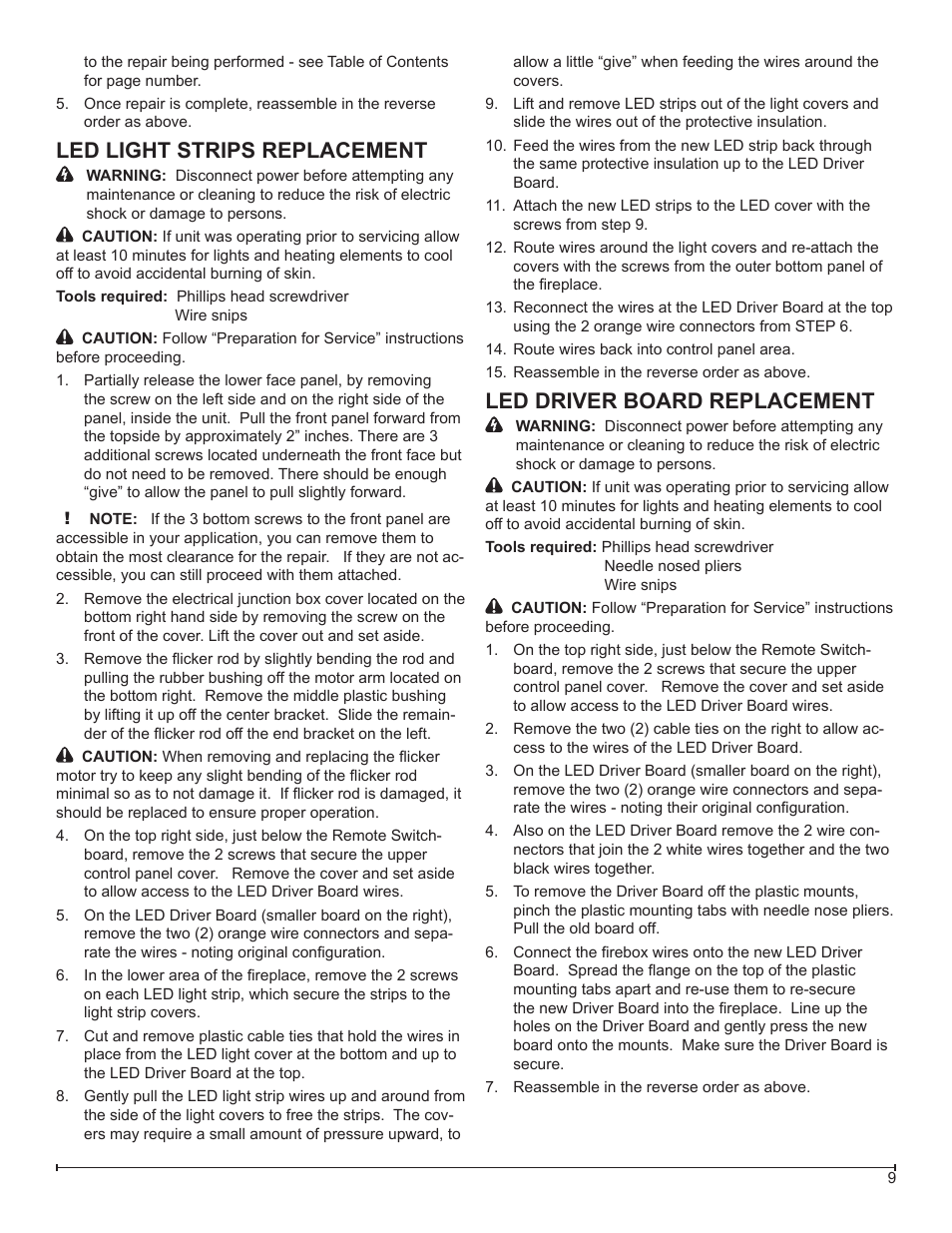 Led light strips replacement, Led driver board replacement | Dimplex BLF50 User Manual | Page 9 / 19