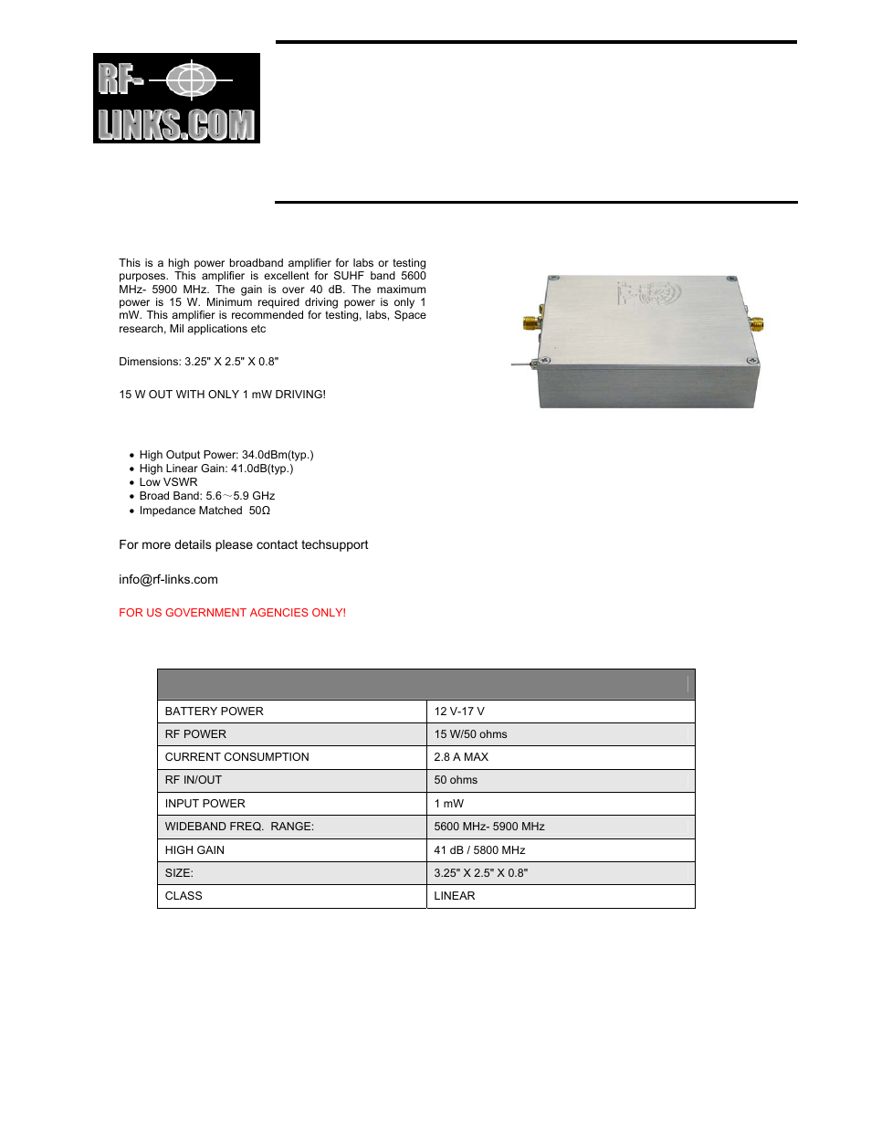RF-Links Wideband 15W Microwave Amplifier (5.6-5.9 GHz) User Manual | 1 page