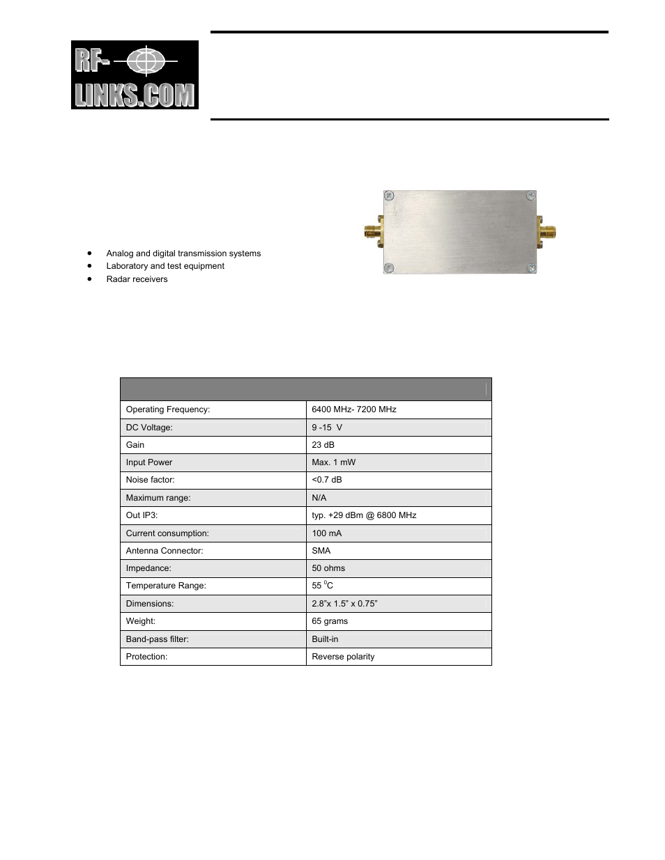 RF-Links Special Low-Noise Amplifier for Receivers (6400-7200 MHz) User Manual | 1 page