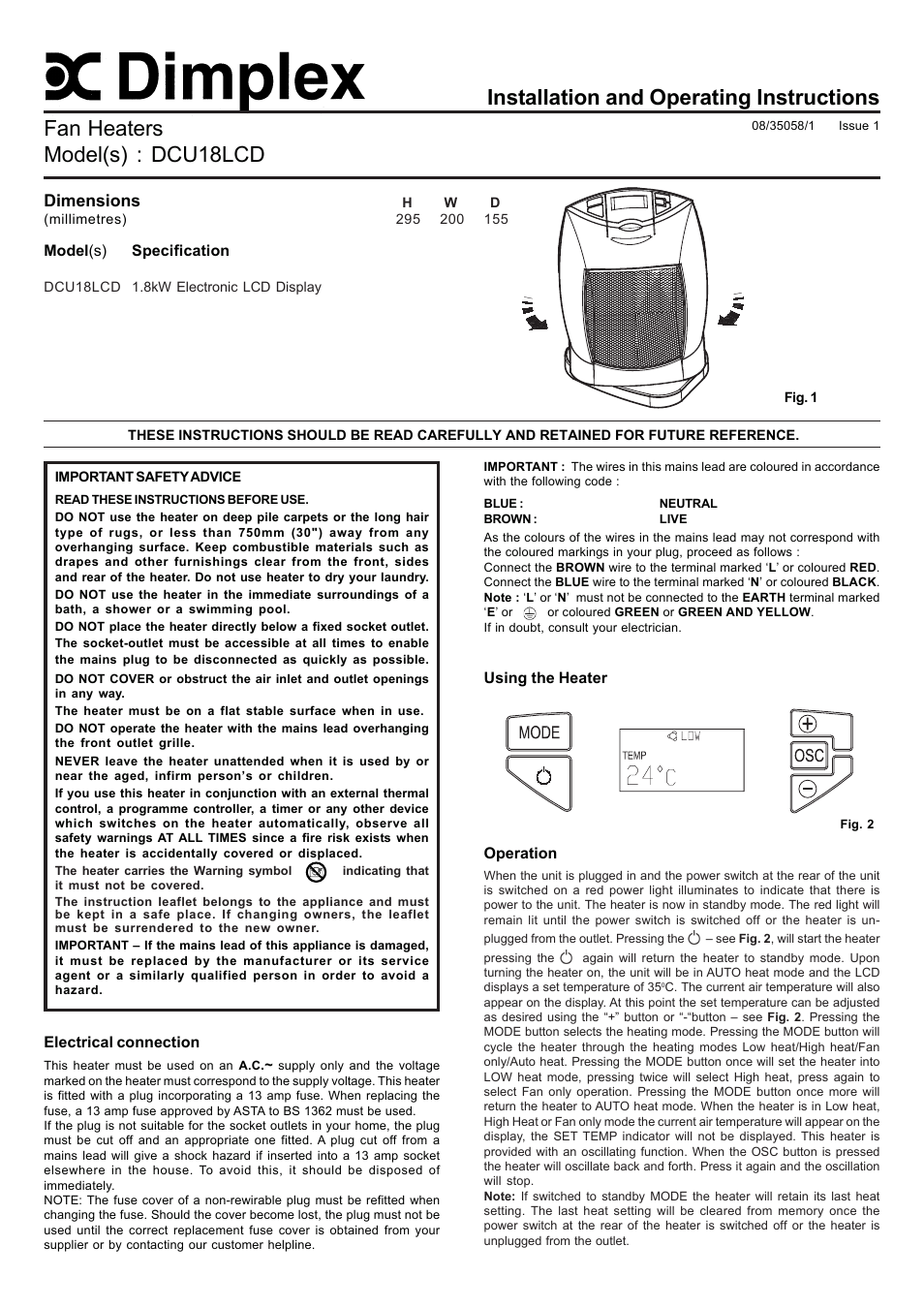 Dimplex DCU18LCD User Manual | 2 pages