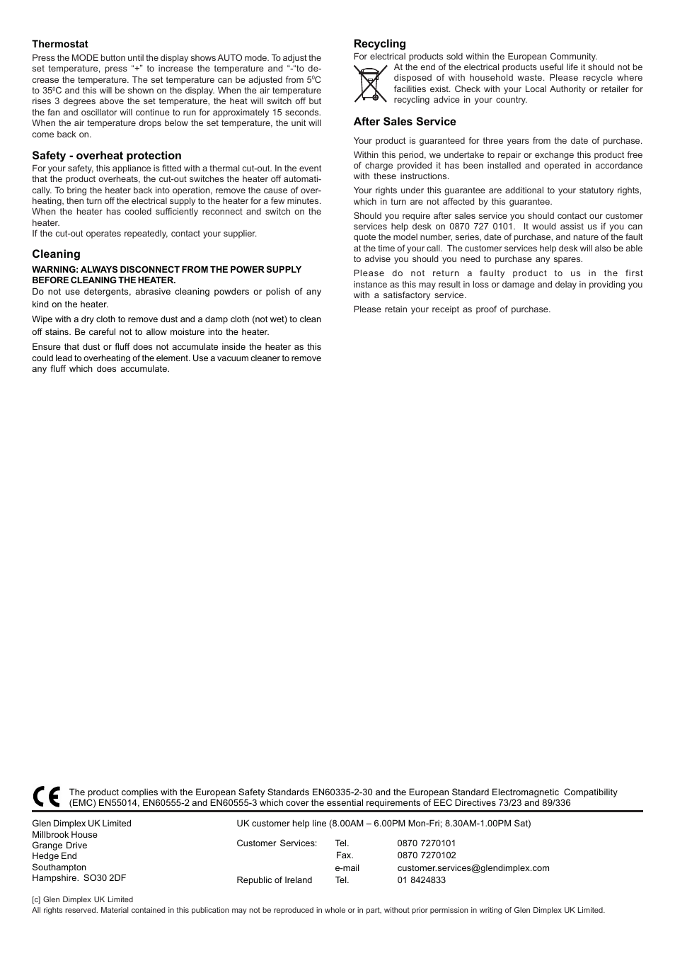 Cleaning, After sales service, Safety - overheat protection | Recycling | Dimplex DCU18LCD User Manual | Page 2 / 2