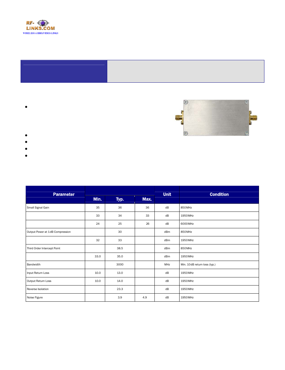 RF-Links 1000mW Wideband Microwave Amplifier (50 MHz–6 GHz) User Manual | 2 pages