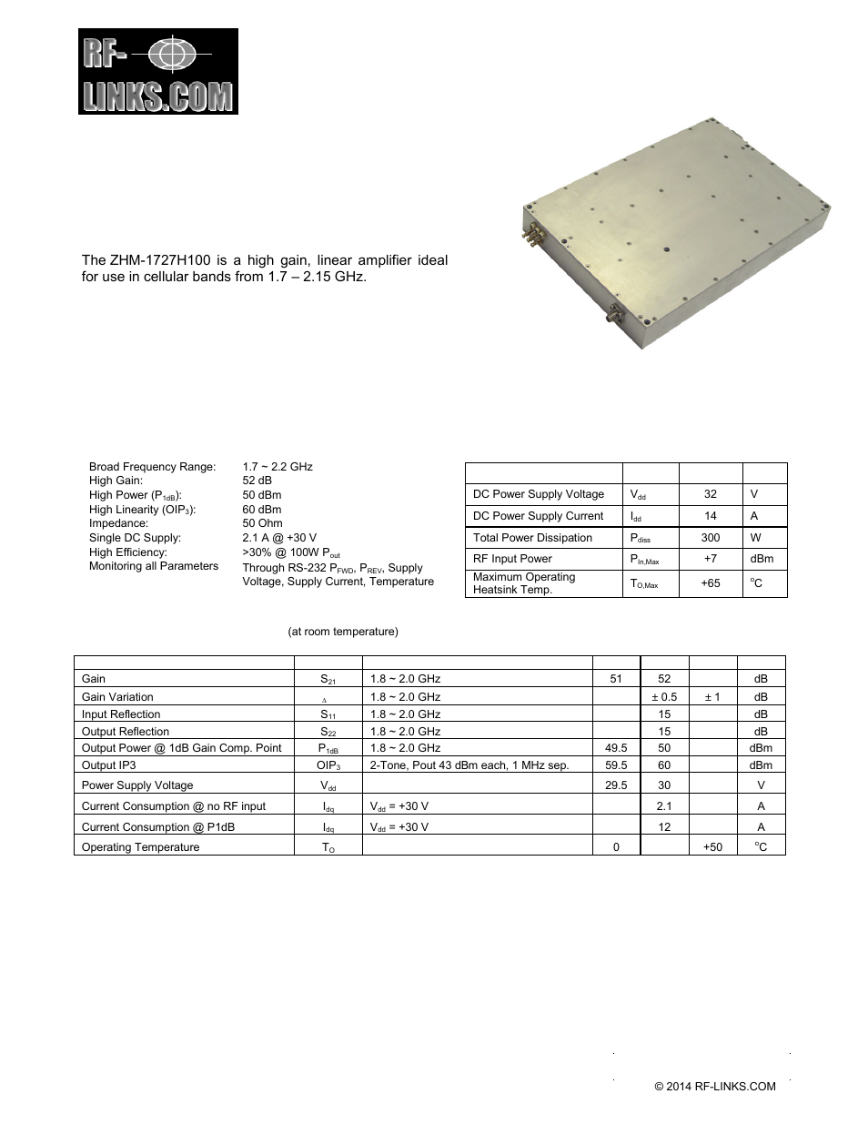 RF-Links Military-Grade 100W High-Power Amplifier (1700 to 2250 MHz) User Manual | 3 pages