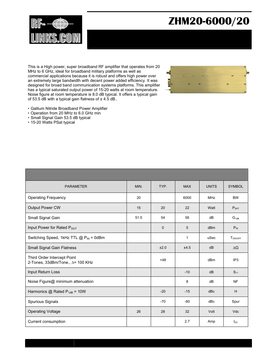 RF-Links Military-Grade 20W High-Power Amplifier (20 MHz-6 GHz) User Manual | 3 pages