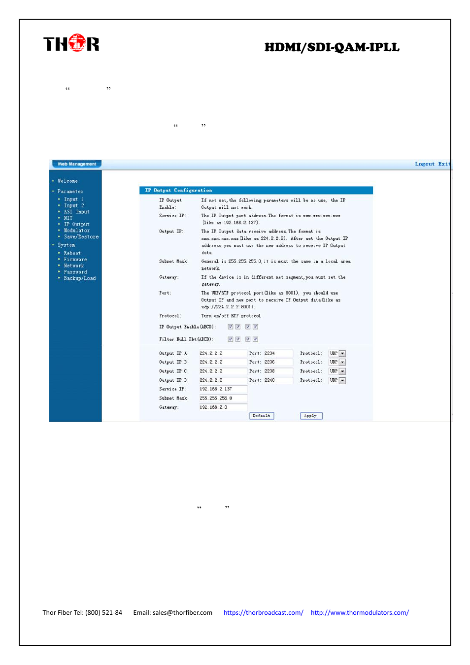 Hdmi/sdi-qam-ipll, Ip output, Modulator setting | Thor 4-Channel HDMI to QAM Modulator and IPTV Streaming Encoder with Low Latency User Manual | Page 27 / 53