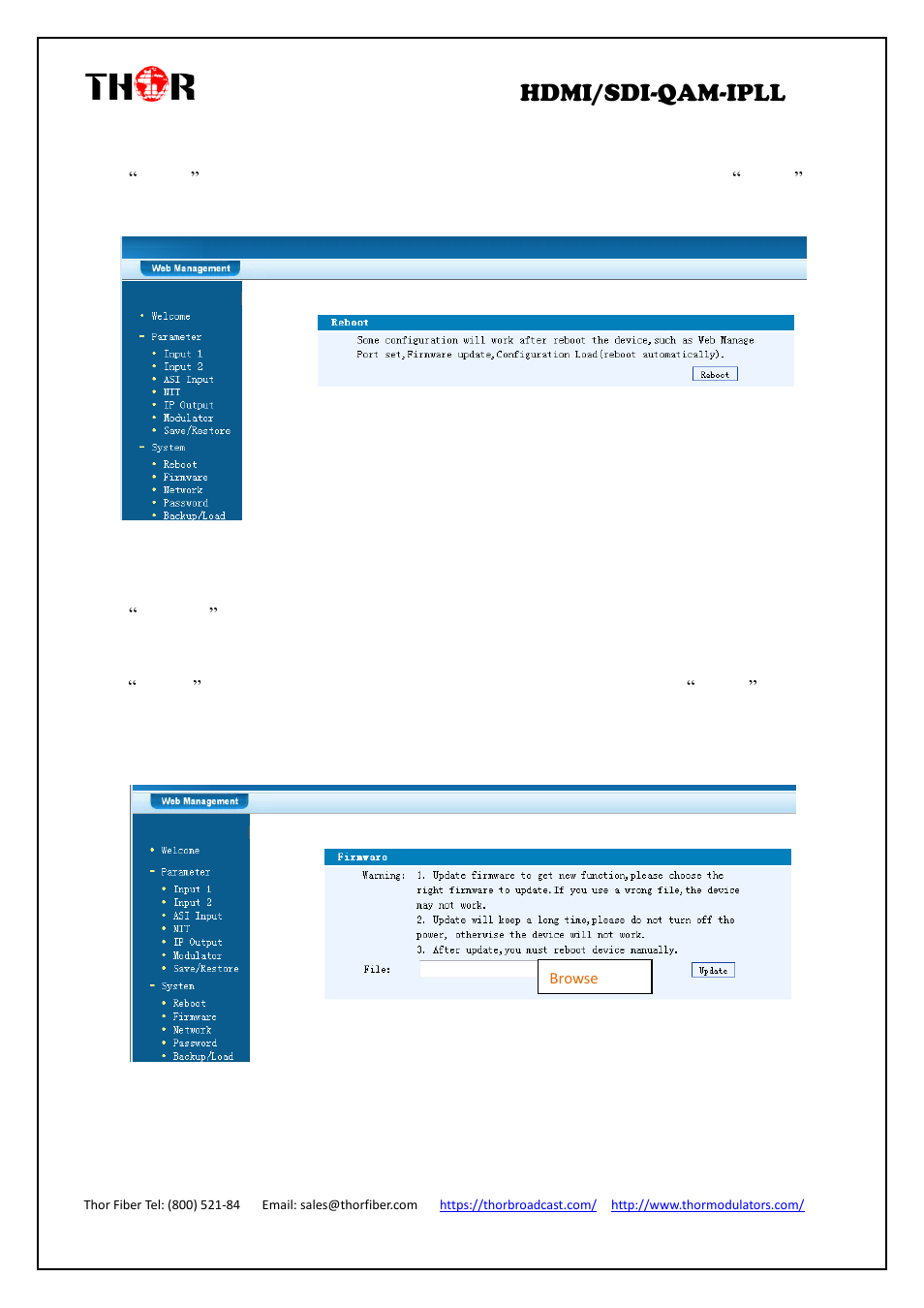 Hdmi/sdi-qam-ipll, Restart the device, Update the device | Thor 4-Channel HDMI to QAM Modulator and IPTV Streaming Encoder with Low Latency User Manual | Page 29 / 53