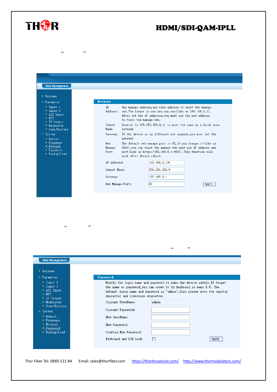 Hdmi/sdi-qam-ipll, Network, Change password | Thor 4-Channel HDMI to QAM Modulator and IPTV Streaming Encoder with Low Latency User Manual | Page 30 / 53