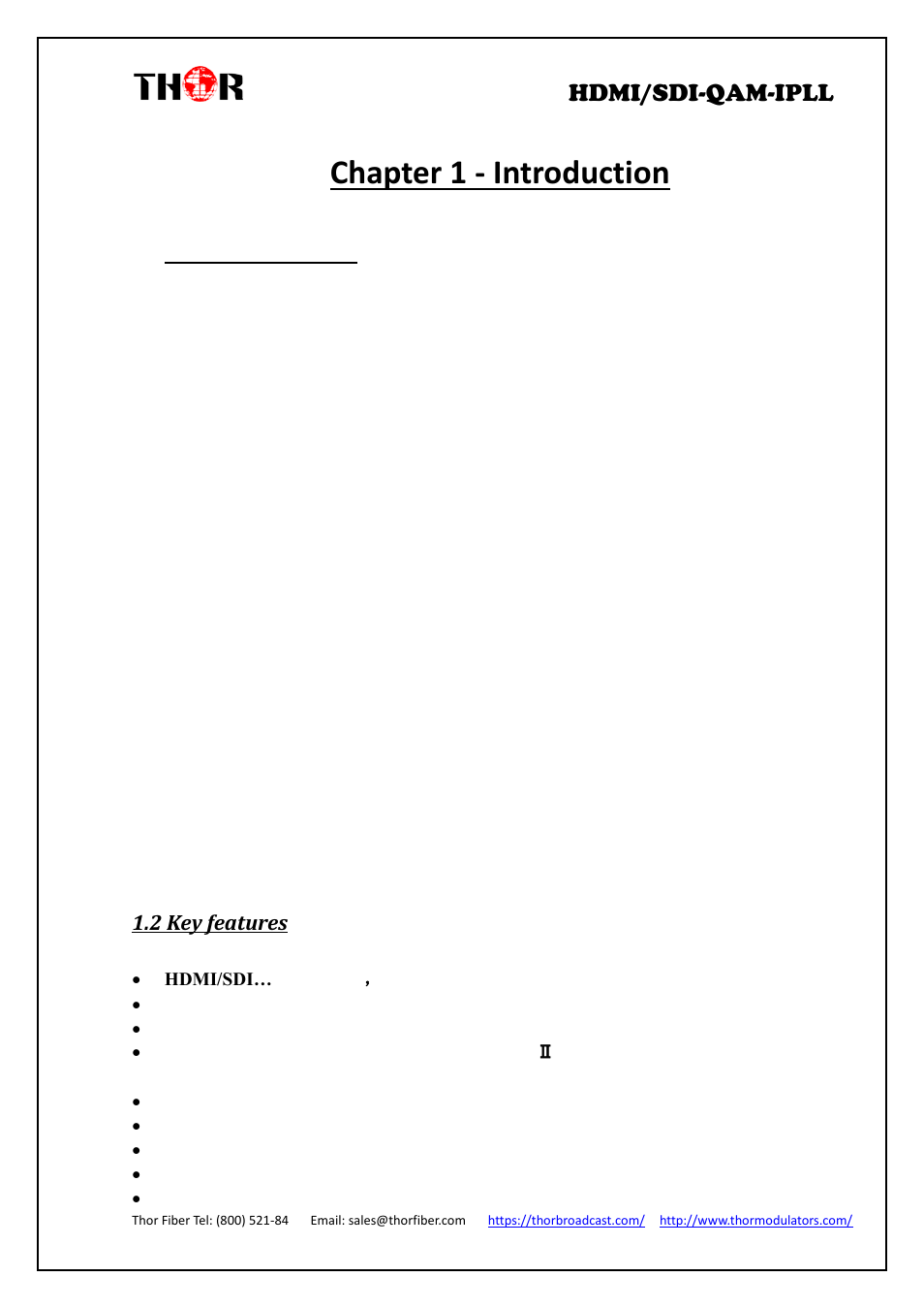 Chapter 1 - introduction, Roduct, Verview | Ey features, Hdmi/sdi-qam-ipll | Thor 4-Channel HDMI to QAM Modulator and IPTV Streaming Encoder with Low Latency User Manual | Page 4 / 53