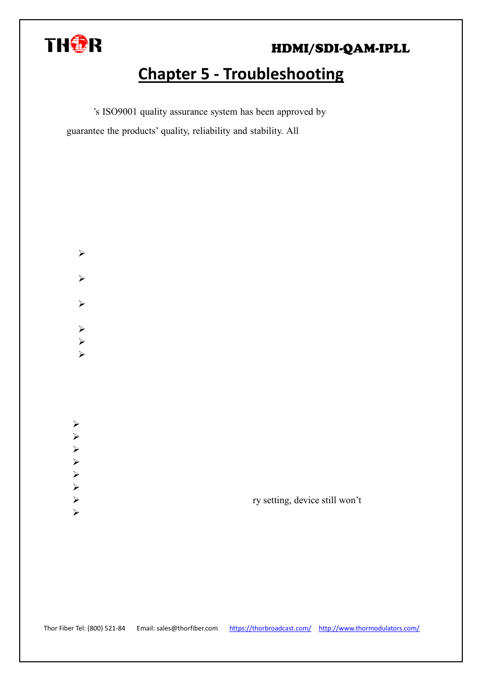 Chapter 5 - troubleshooting, Hdmi/sdi-qam-ipll | Thor 4-Channel HDMI to QAM Modulator and IPTV Streaming Encoder with Low Latency User Manual | Page 49 / 53