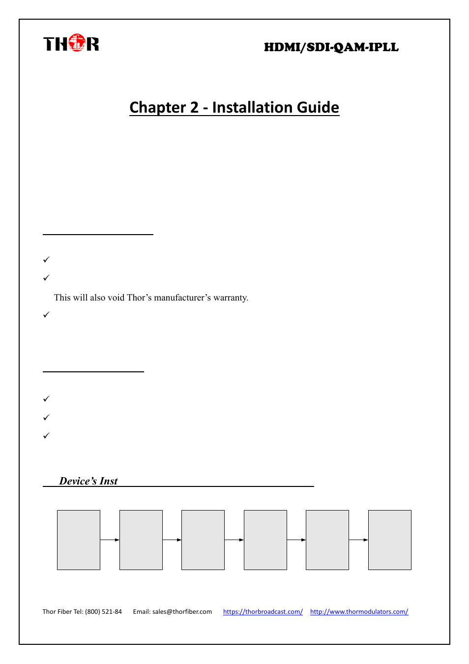 Chapter 2 - installation guide, Eneral, Recautions | Ower precautions, Evice, Nstallation, Hart, Llustrate as following, Hdmi/sdi-qam-ipll, 1 general precautions | Thor 4-Channel HDMI to QAM Modulator and IPTV Streaming Encoder with Low Latency User Manual | Page 8 / 53