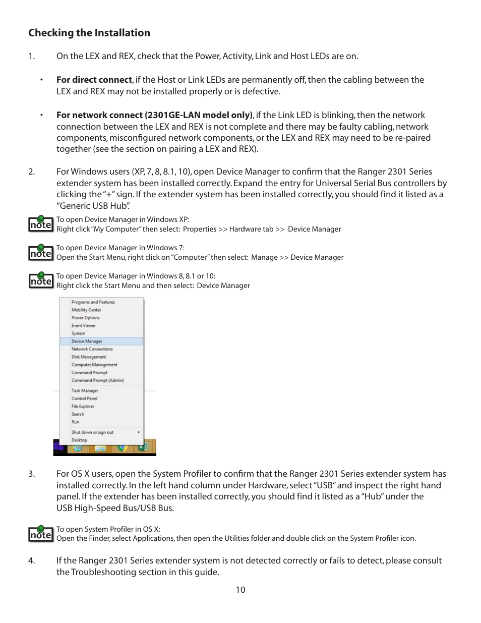 Checking the installation | Icron USB Extender Mounting Kit for Ranger 2301 and 2312 (Silver) User Manual | Page 11 / 21
