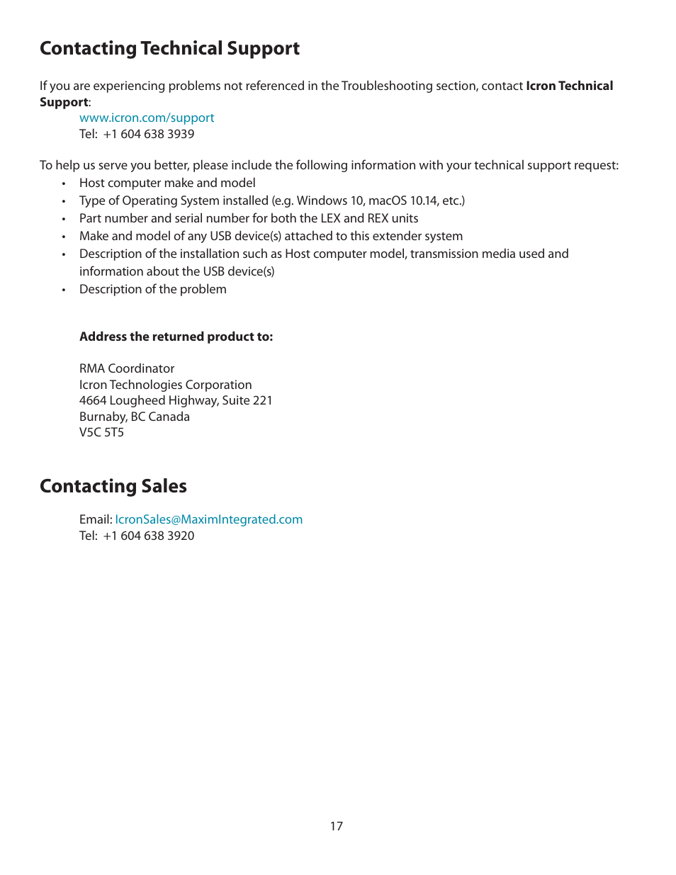 17 contacting technical support, Contacting technical support, Contacting sales | Icron Four-Port USB 3-2-1 Raven 3104 Point-to-Point Extender System (328') User Manual | Page 18 / 20