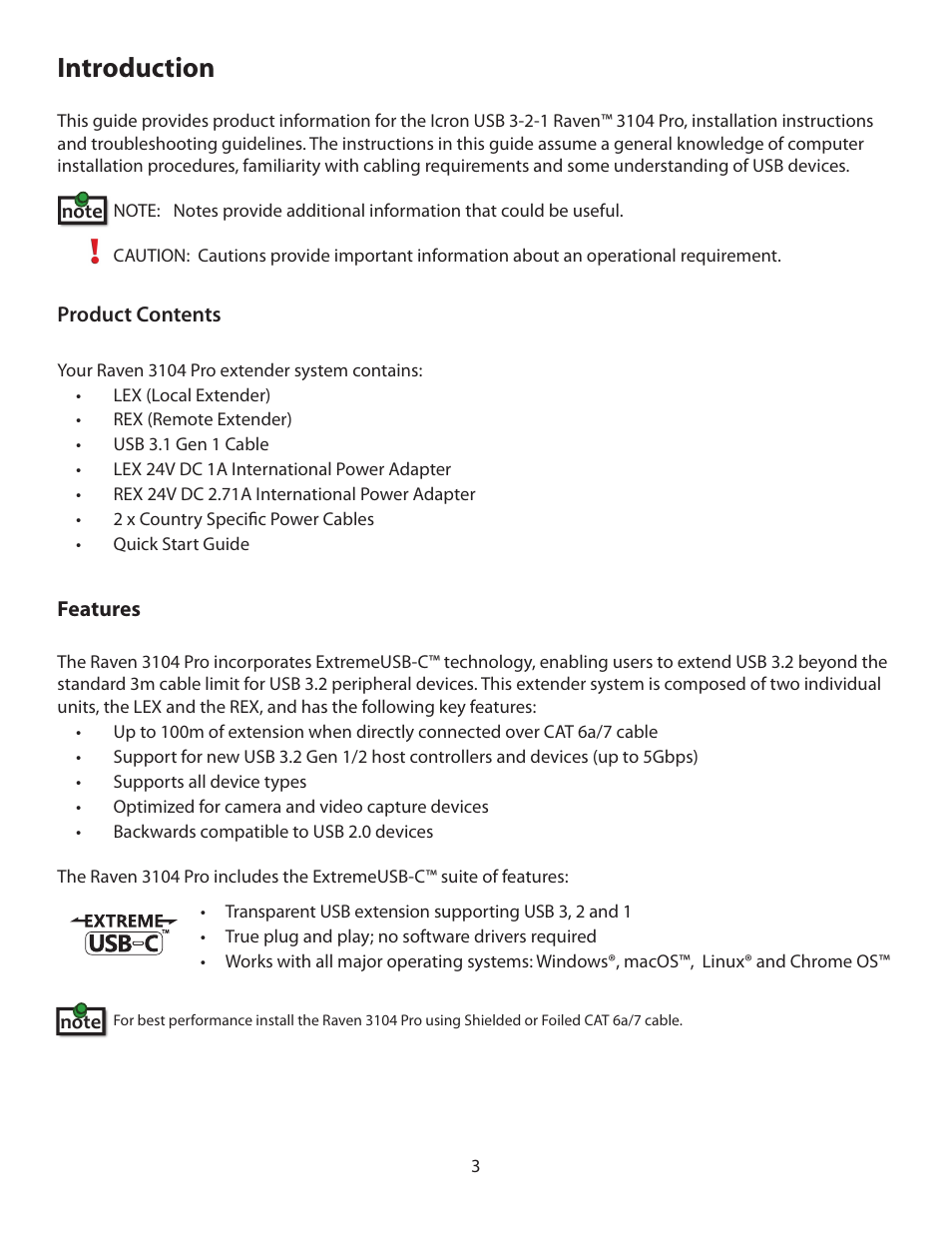 3 introduction, Product contents 3, Features 3 | Introduction | Icron Four-Port USB 3-2-1 Raven 3104 Point-to-Point Extender System (328') User Manual | Page 4 / 20