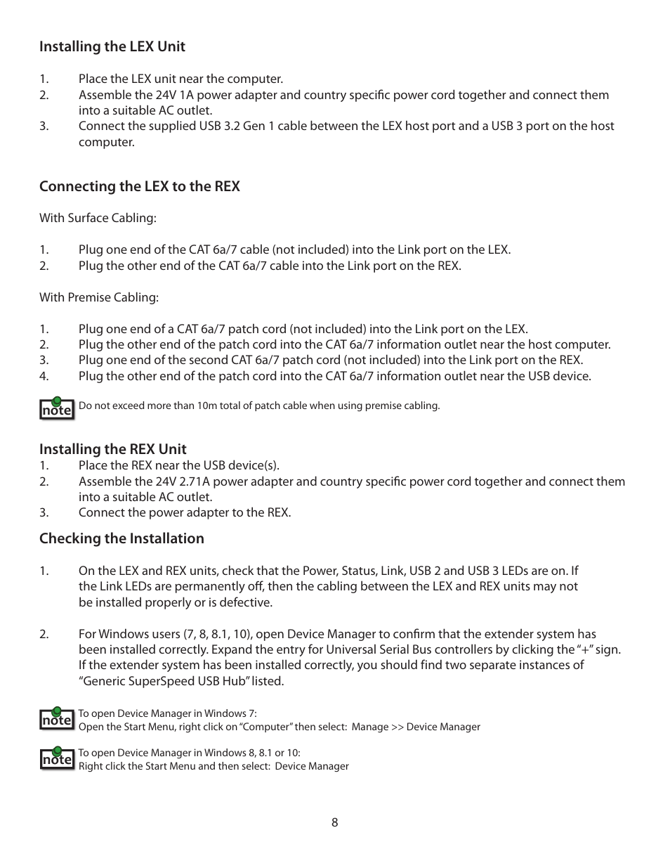 Installing the lex unit 8, Connecting the lex to the rex 8, Installing the rex unit 8 | Checking the installation 8 | Icron Four-Port USB 3-2-1 Raven 3104 Point-to-Point Extender System (328') User Manual | Page 9 / 20