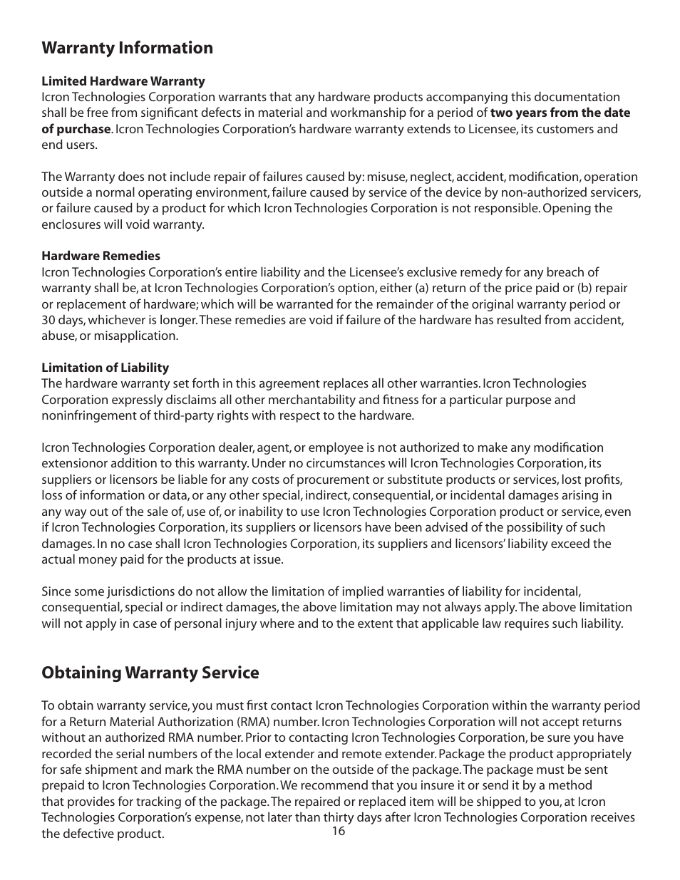 Technical glossary, Warranty information, Obtaining warranty service | Icron Mounting Kit for Ranger 2304, 2324, 2344, 2304GE-LAN, and Spectra 3022 User Manual | Page 17 / 21